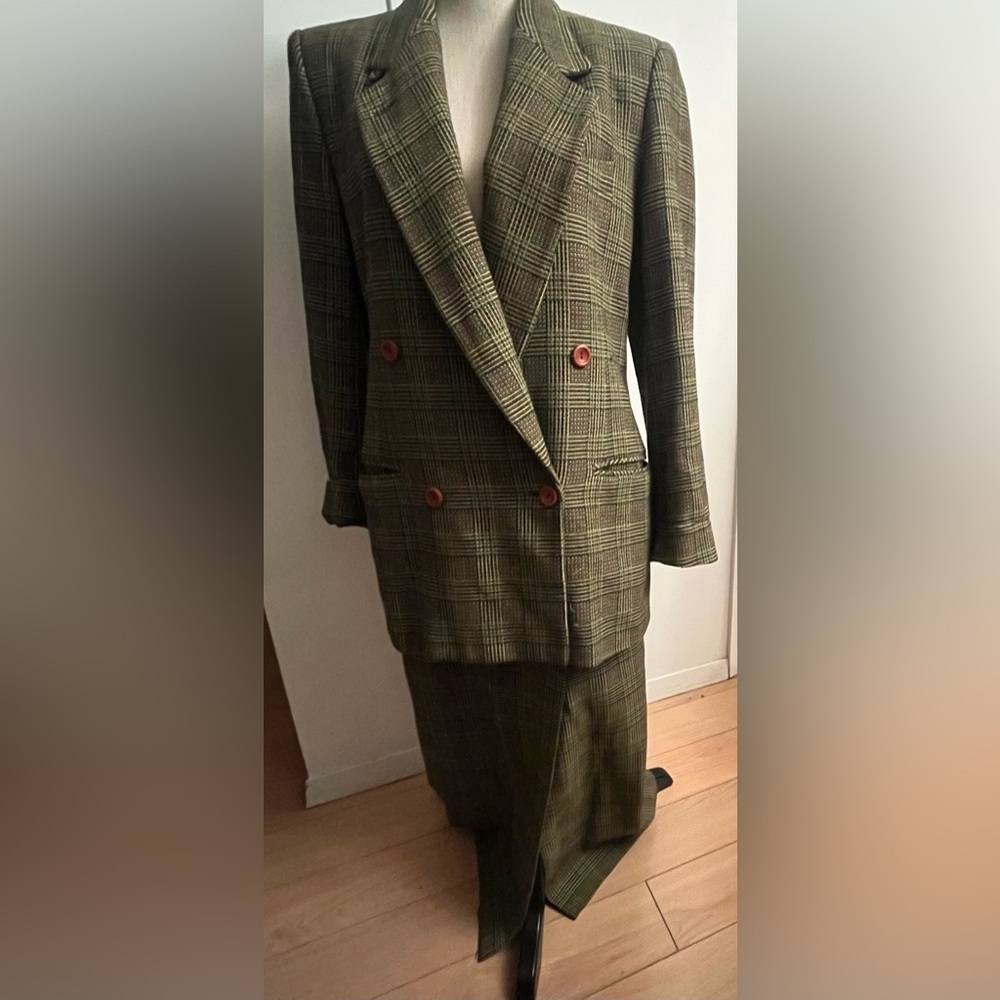 Vintage 80s Jax Double Breasted Wool Oversized Green Plaid Blazer Suit Size 10 - Picture 2 of 15